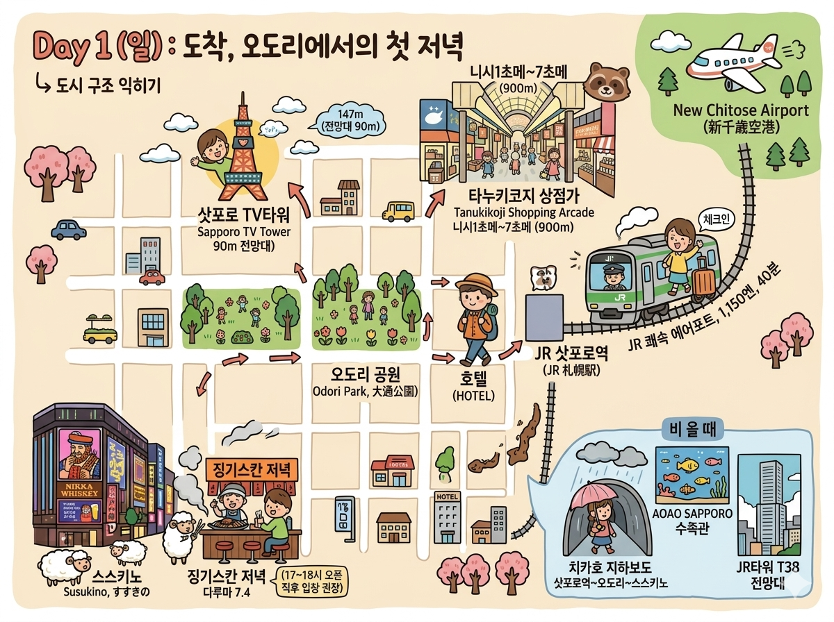 Day 1 일러스트 — 도착, 오도리에서의 첫 저녁