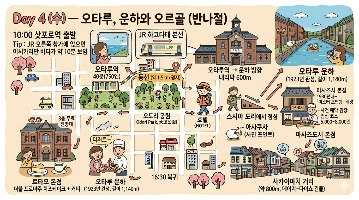 Day 4 일러스트 — 오타루, 운하와 오르골